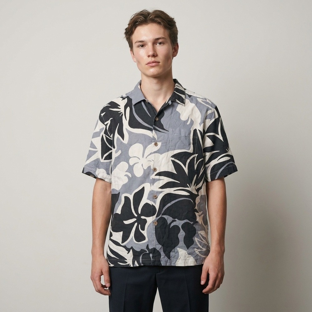 Tommy‎ Bahama Mens Silk Floral Camp Shirt Blue Grey Short Sleeve Small